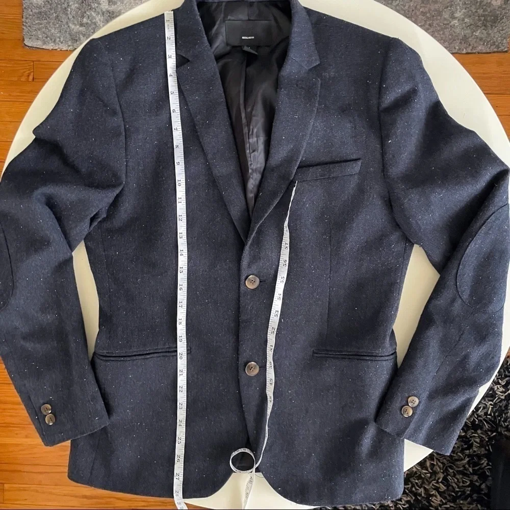 H&M Men’s Regular Fit Wool Blend Blazer Sport Coat Navy Elbow Patch Size 40R